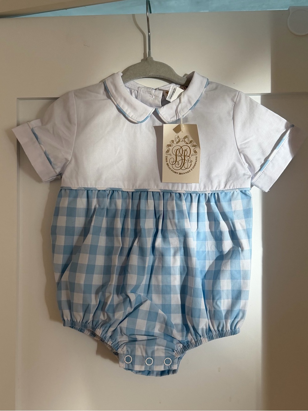 The Beaufort Bonnet Company Blue and White Gingham Bradford Bubble Romper
